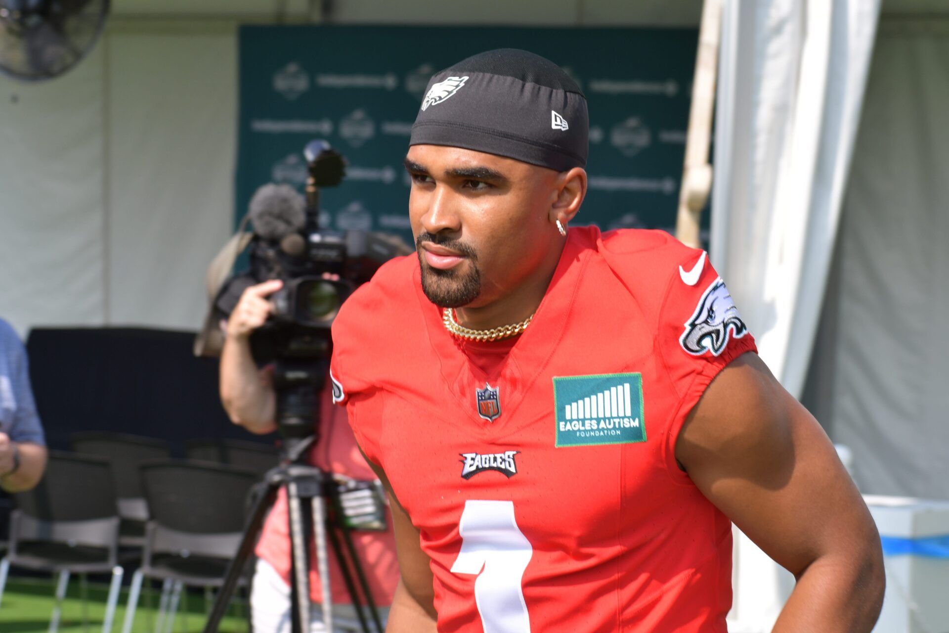 Philadelphia Eagles QB Jalen Hurts (1) talks to reporters at training camp.