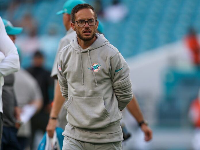 Mike McDaniel looks on before a game against the Atlanta Falcons at Hard Rock Stadium.