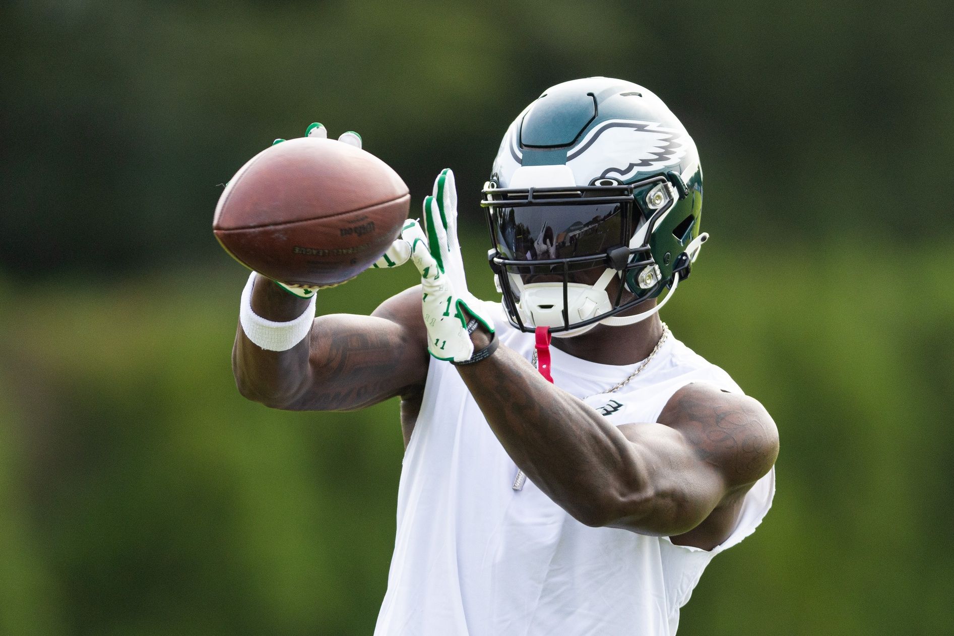 Philadelphia Eagles WR A.J. Brown catching passes during training camp practice.