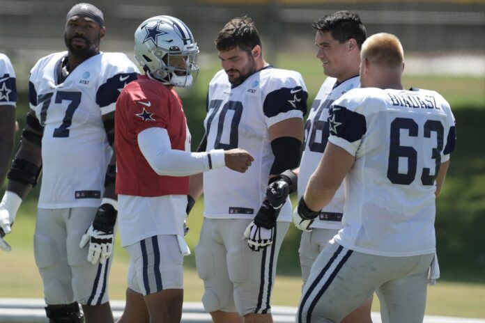 Dallas Cowboys QB Dak Prescott (4) talks with his offensive line during practice.