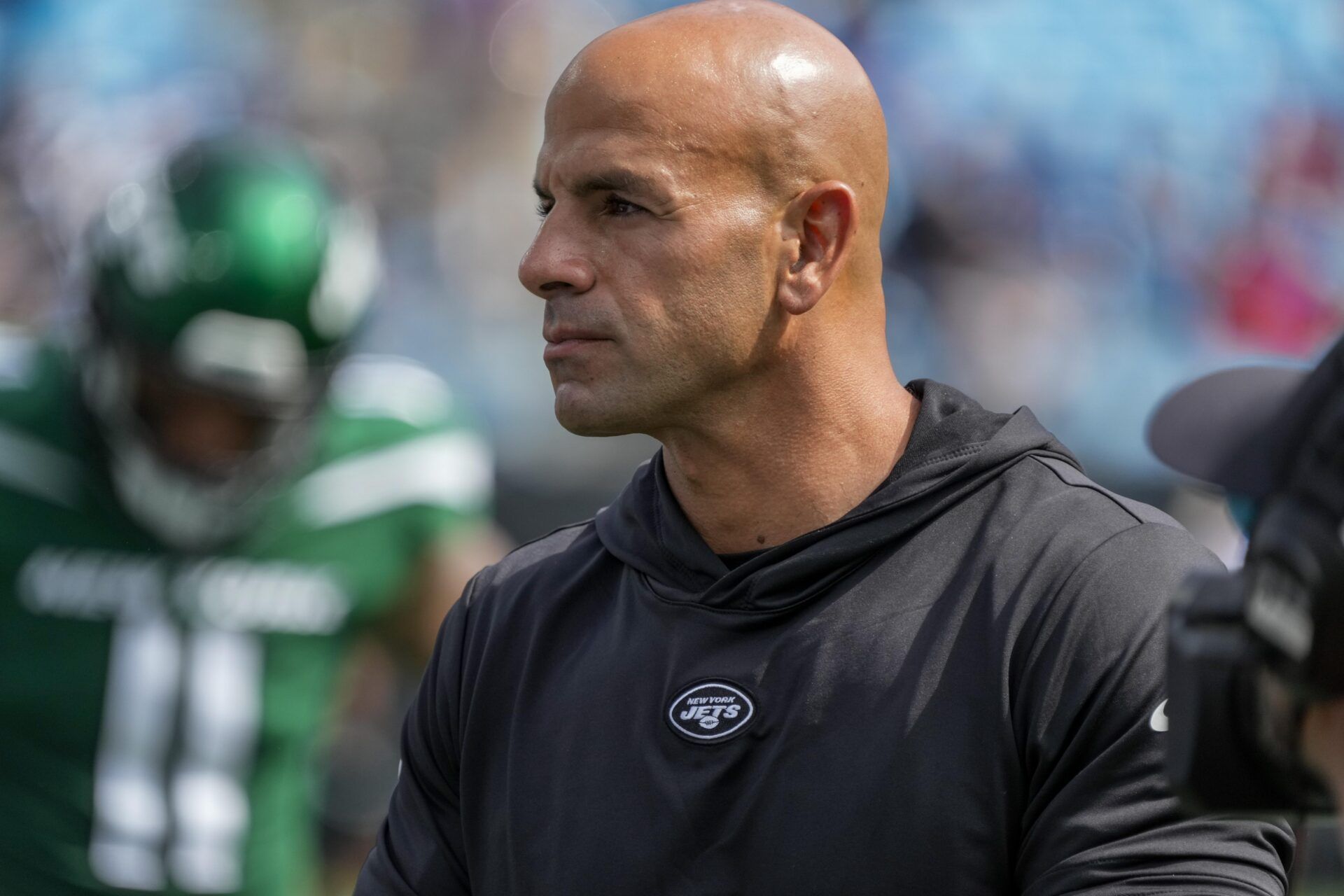 New York Jets head coach Robert Saleh on the sidelines in the team's preseason game against the Carolina Panthers.