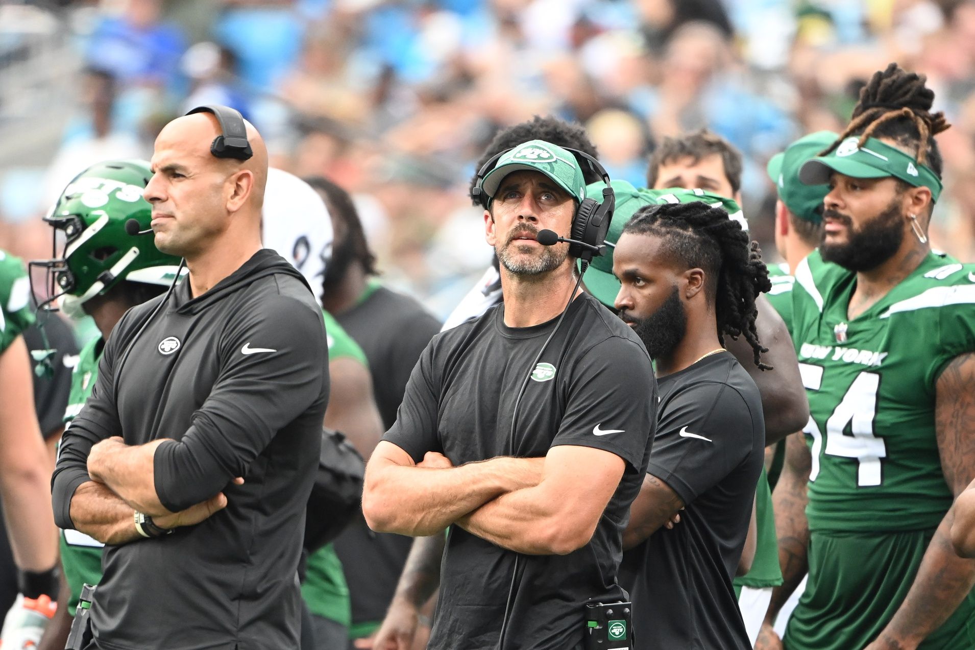 New York Jets head coach Robert Saleh and quarterback Aaron Rodgers on the sidelines during a preseason game against the Carolina Panthers.