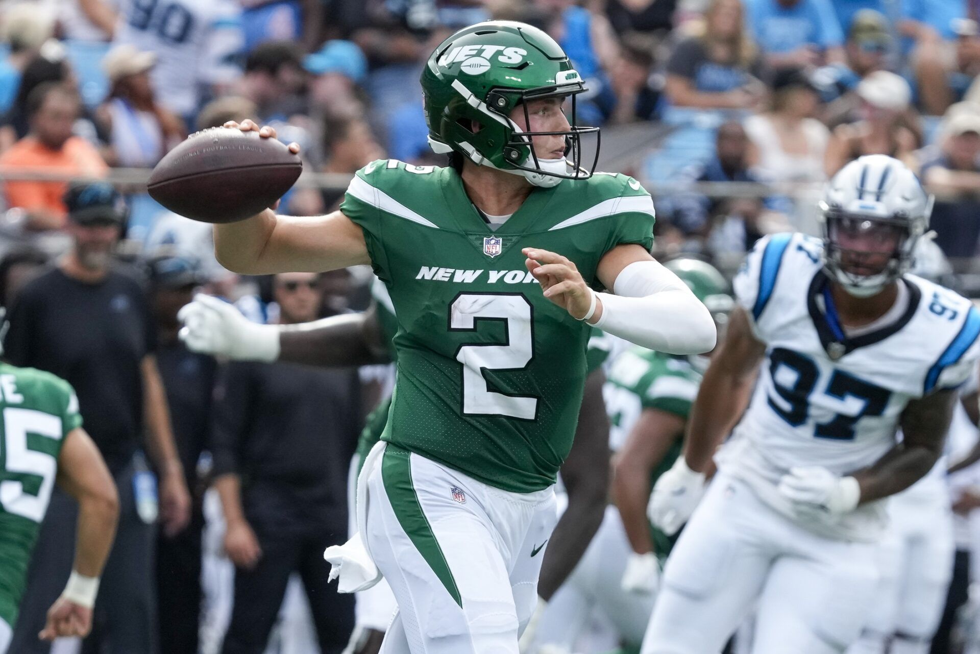 New York Jets QB Zach Wilson (2) throws a pass against the Carolina Panthers during the preseason.