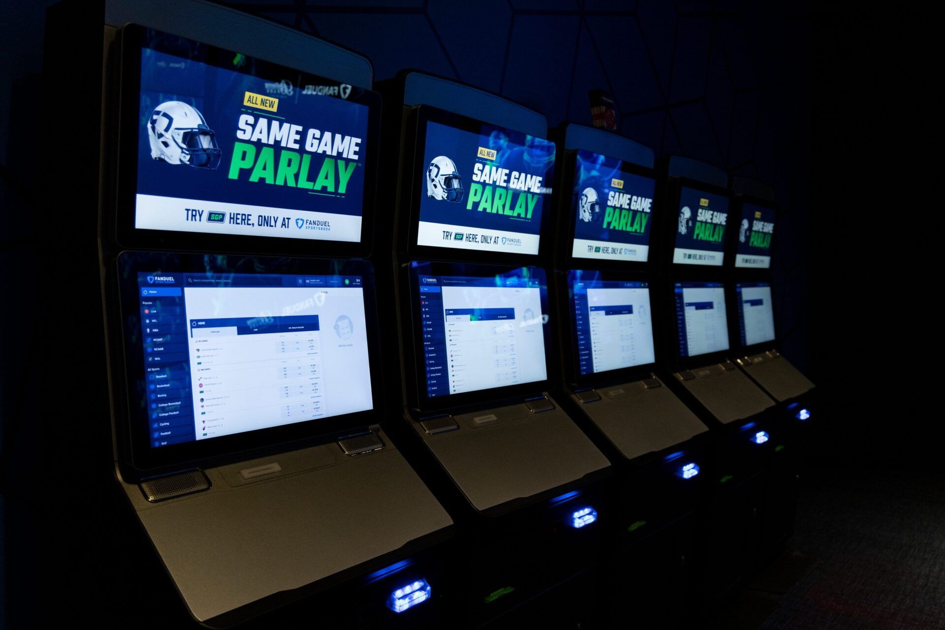 Betting kiosks featured in the FanDuel sportsbook at Belterra Park.