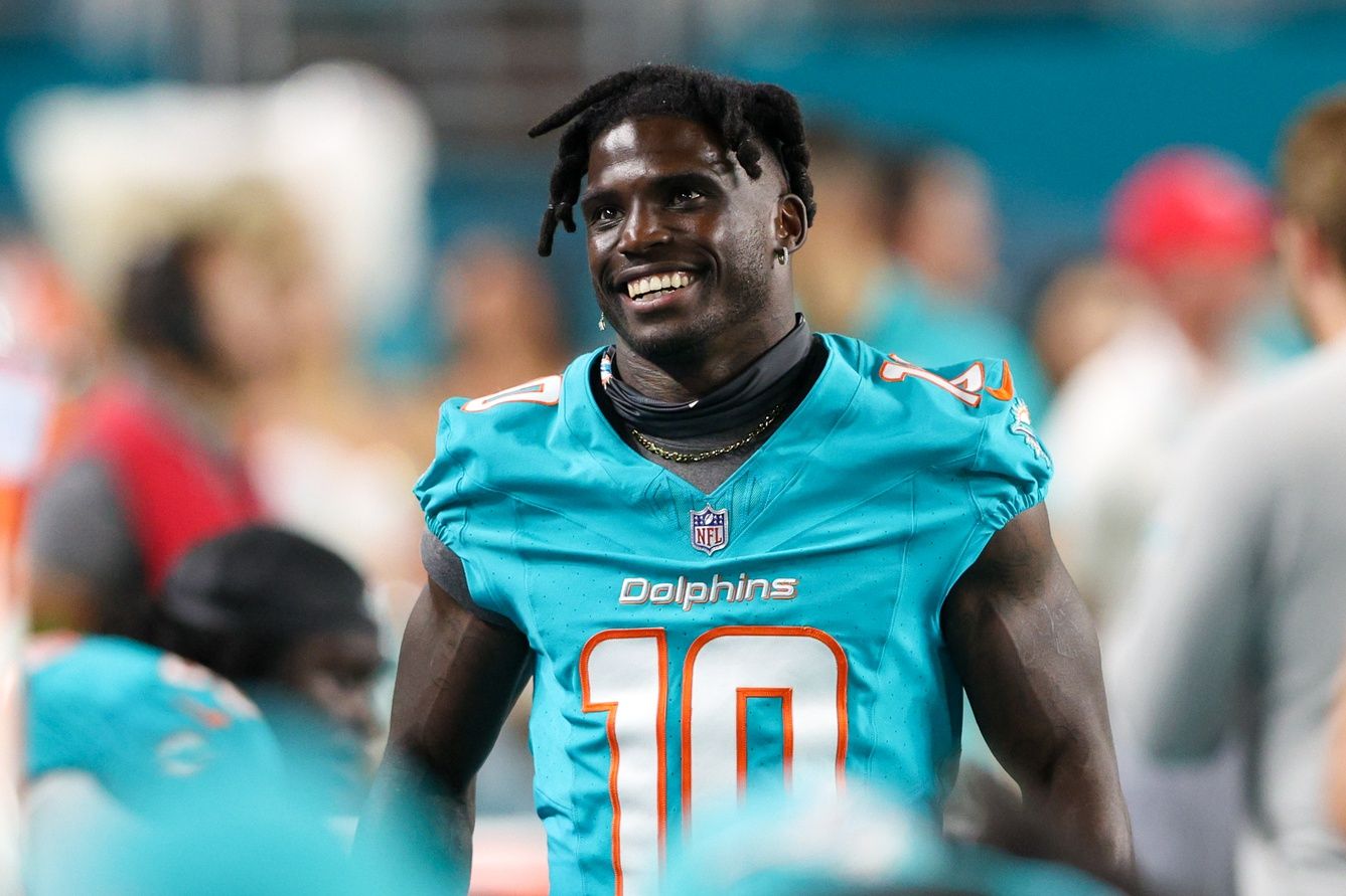 Tyreek Hill (10) looks on against the Atlanta Falcons in the fourth quarter at Hard Rock Stadium.