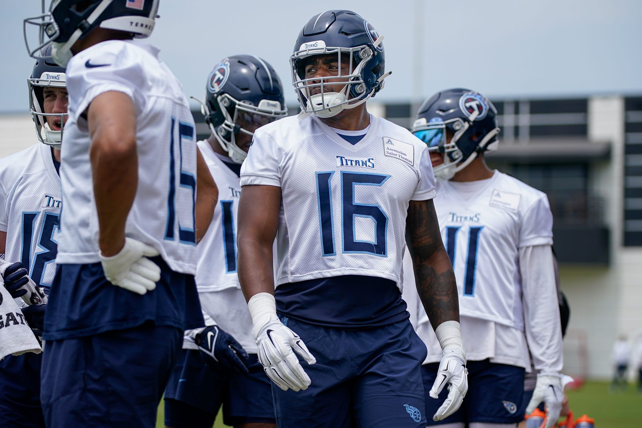 Treylon Burks (16) prepares to run a drill during an OTA practice at Ascension Saint Thomas Sports Park.