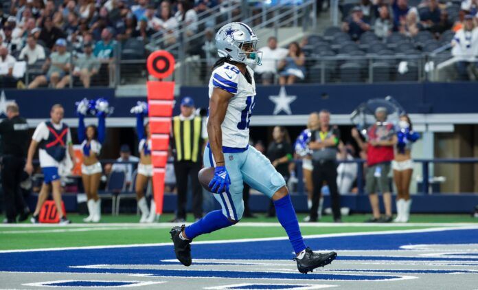 Dallas Cowboys WR Jalen Tolbert (18) scores a touchdown against the Jacksonville Jaguars.