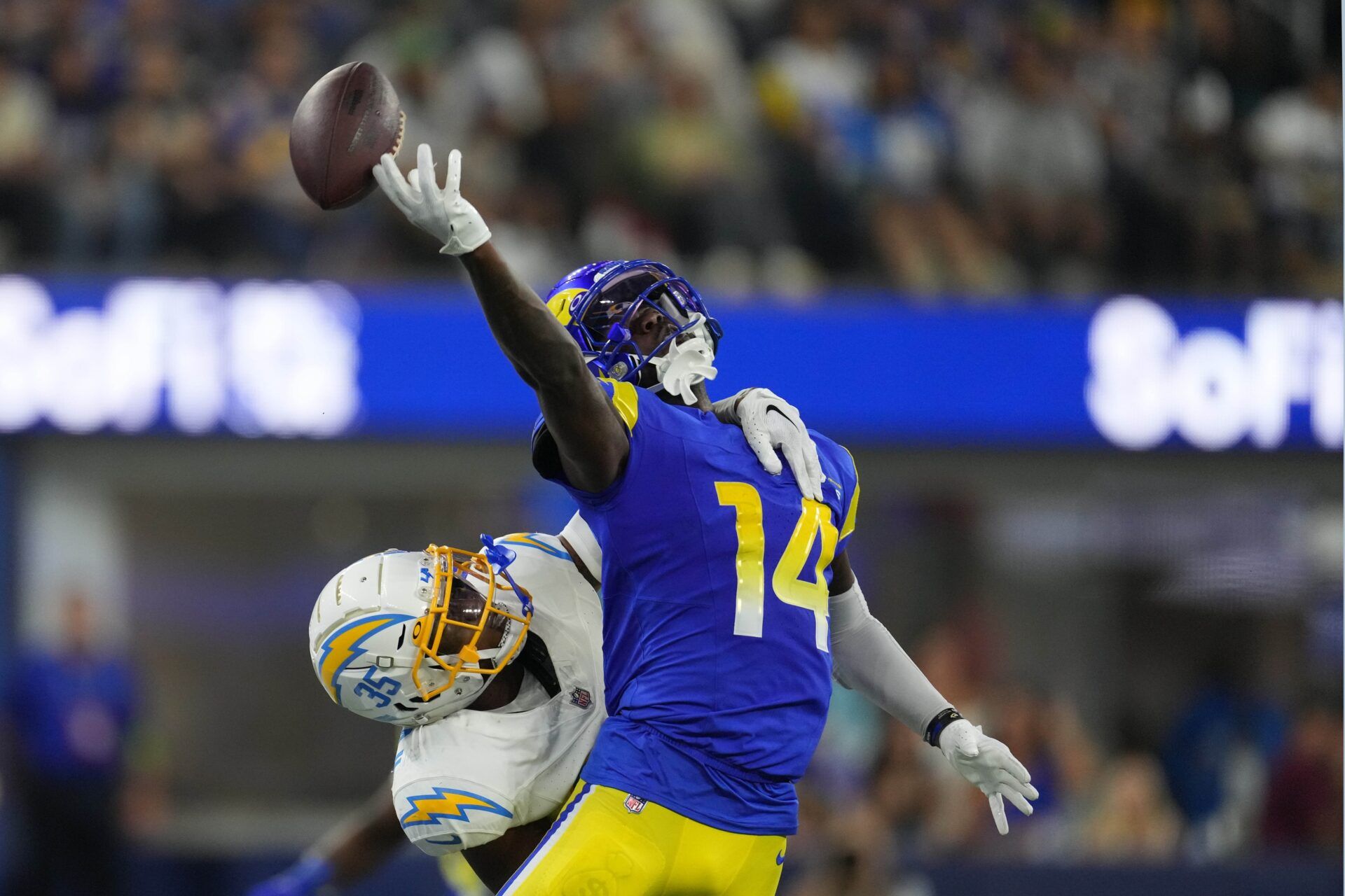 A pass intended for Los Angeles Rams WR Tyler Johnson (14) goes incomplete against the Los Angeles Chargers.