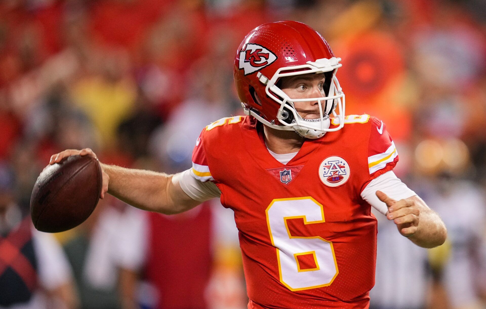 Kansas City Chiefs QB Shane Buechele (6) throws a pass during the preseason.