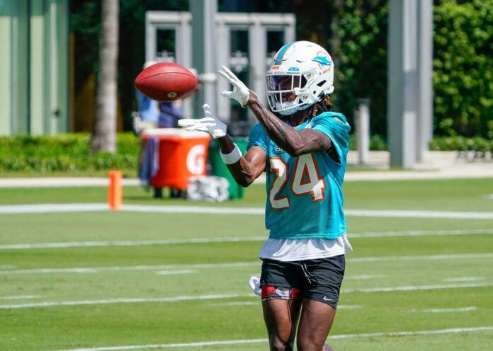 Miami Dolphins CB Cam Smith (24) catches a pass during training camp.