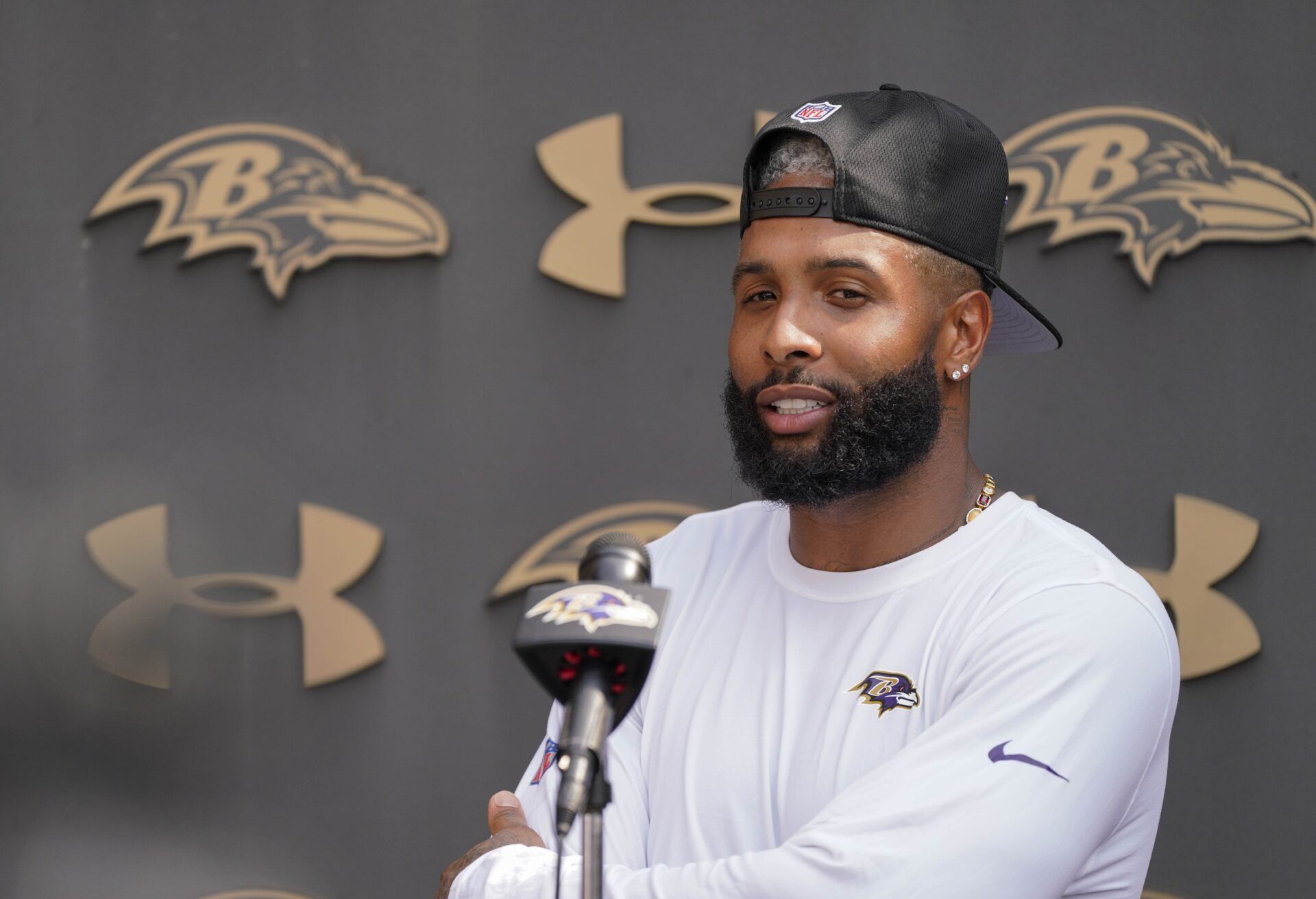 Jul 27, 2023; Owings Mills, MD, USA; Baltimore Ravens wide receiver Odell Beckham Jr. (3) speaks to the media after training camp practice at Under Armour Performance Center. Mandatory Credit: Brent Skeen-USA TODAY Sports