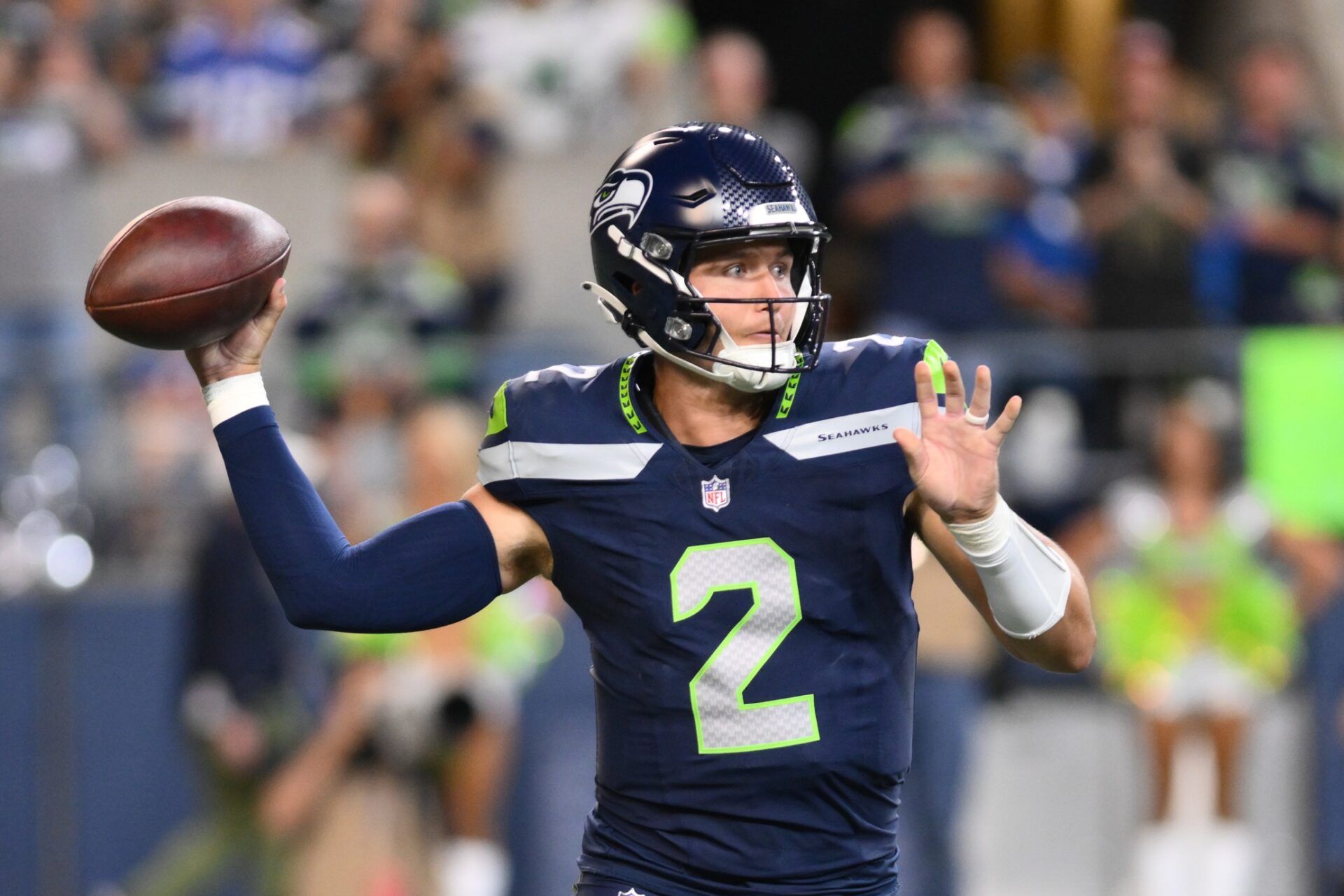 Seattle Seahawks QB Drew Lock (2) throws a pass against the Minnesota Vikings.