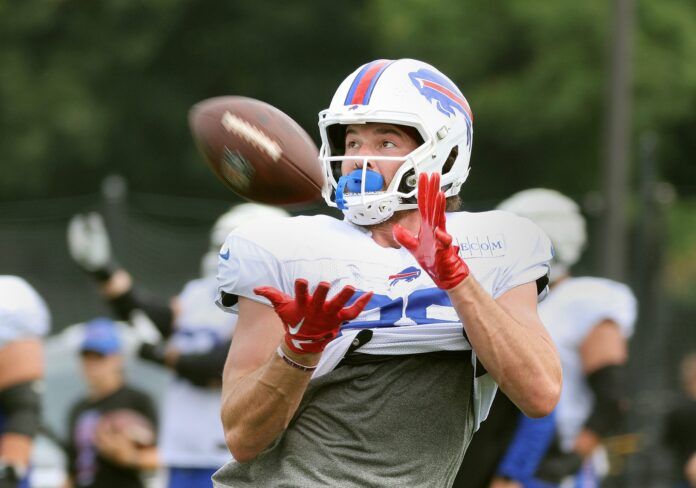 Dawson Knox catches a deep pass during training camp.