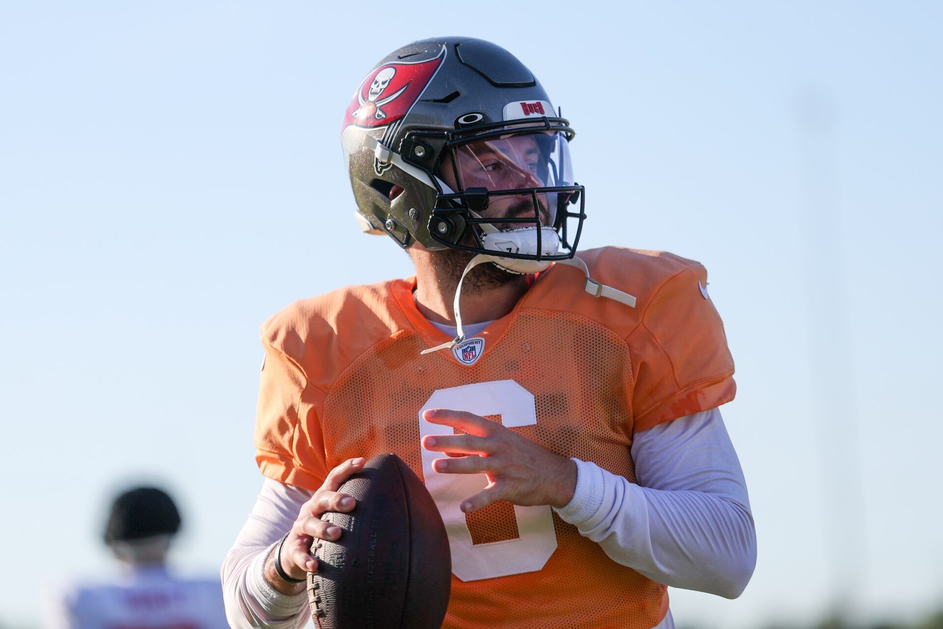 Baker Mayfield (6) participates in training camp at AdventHealth Training Center.