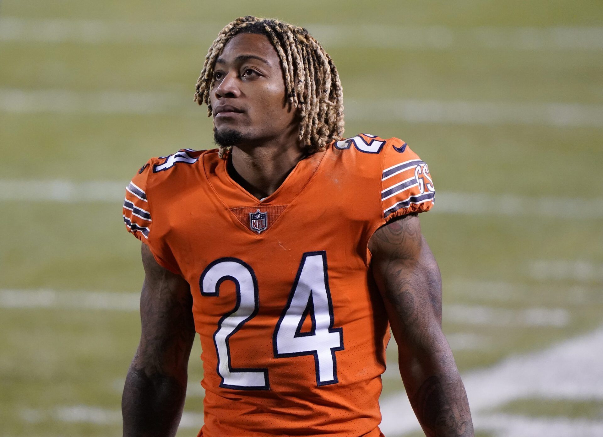 Buster Skrine (24) walks off the field after losing to the Minnesota Vikings at Soldier Field.