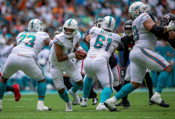 Tua Tagovailoa (1), in action against the Atlanta Falcons during NFL game at Hard Rock Stadium Sunday in Miami Gardens.