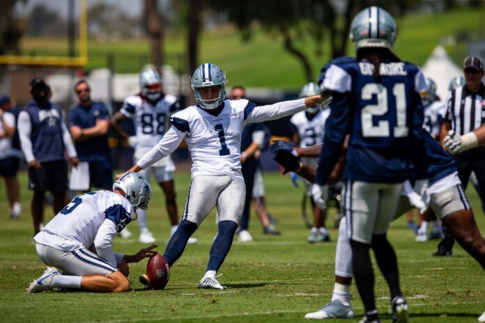 Brandon Aubrey (1) during training camp at the Marriott Residence Inn-River Ridge playing fields.