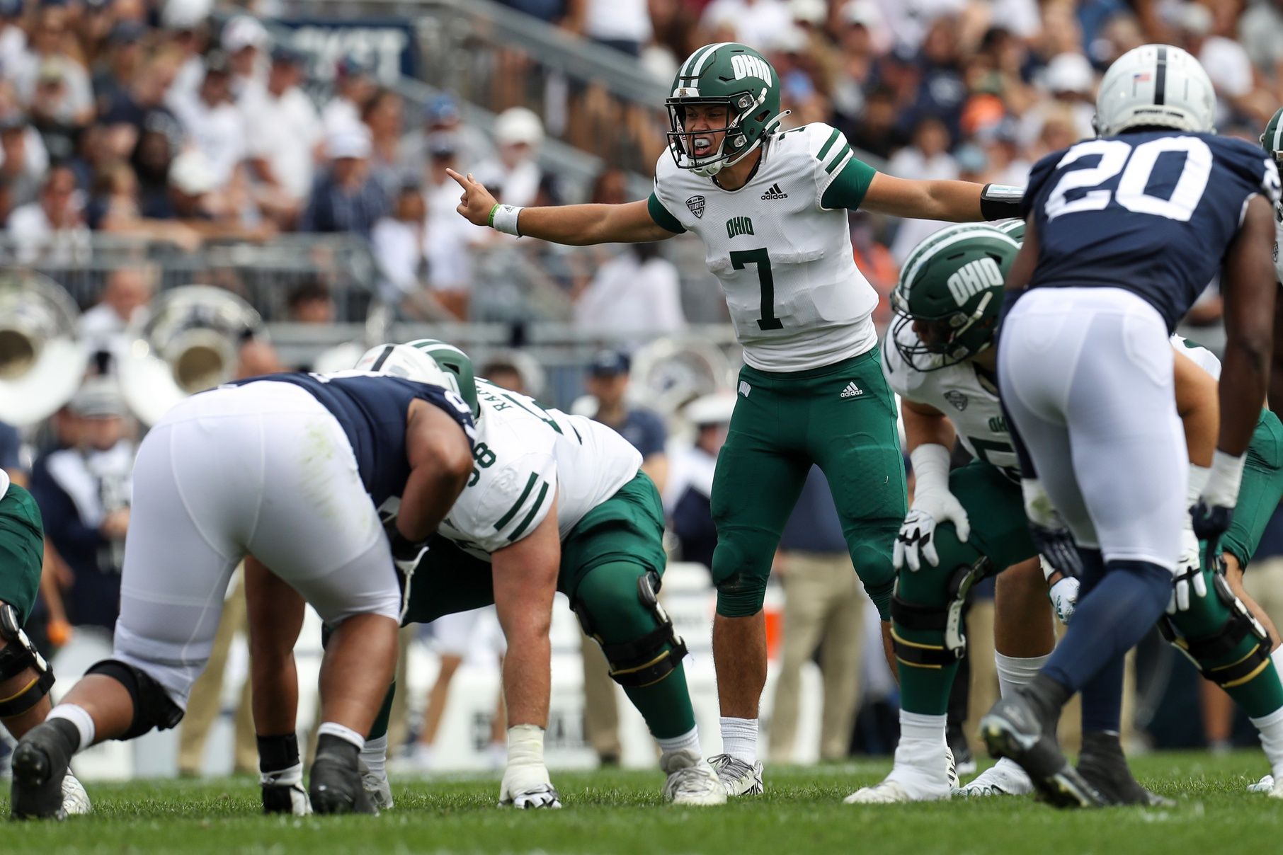 Ohio Bobcats QB Kurtis Rourke (7) calls out the play at the line of scrimmage against the Penn State Nittany Lions.