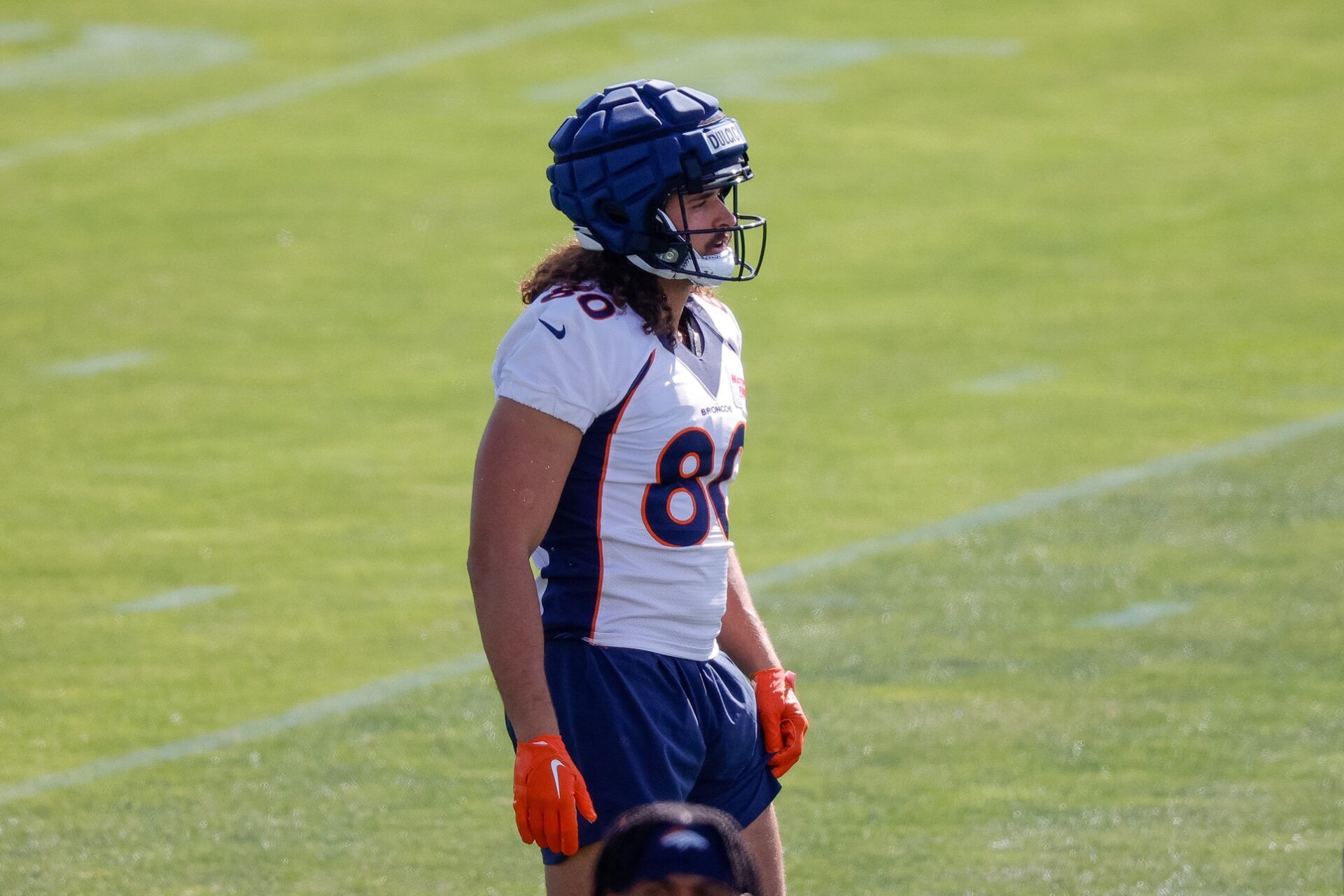 Greg Dulcich (80) during training camp at Centura Health Training Center.