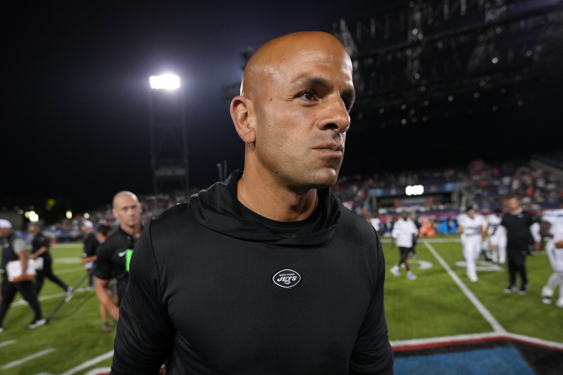 New York Jets head coach Robert Saleh on the field after the Hall of Fame Game.