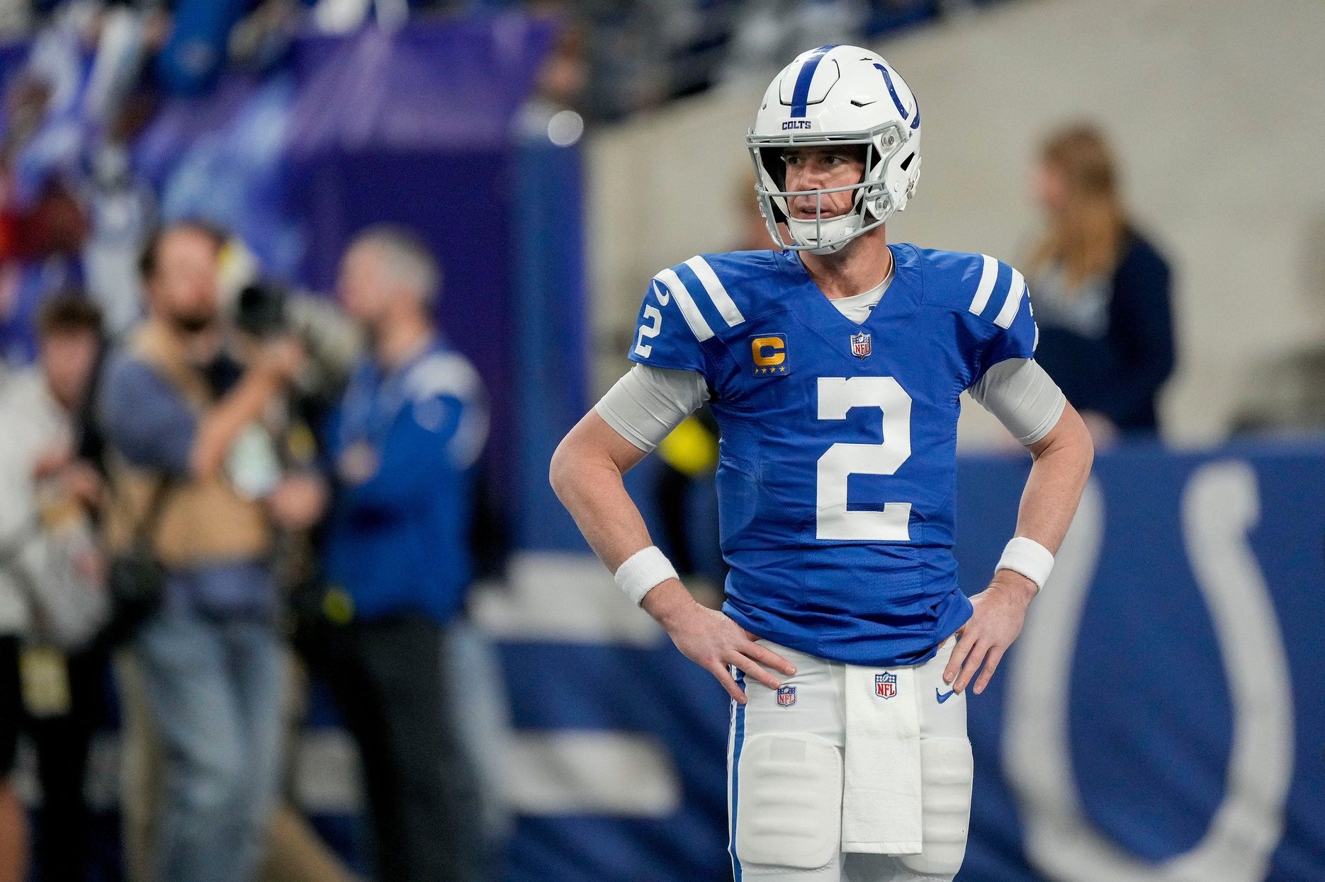 Matt Ryan (2) walks on the field Sunday, Jan. 8, 2023, before a game against the Houston Texans at Lucas Oil Stadium in Indianapolis.