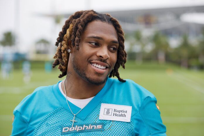 Miami Dolphins CB Jalen Ramsey (5) talks to reporters during minicamp.