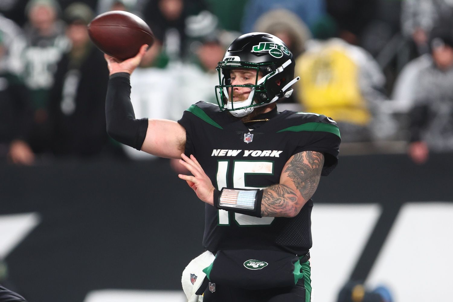 Chris Streveler (15) throws a pass against the Jacksonville Jaguars during the second half at MetLife Stadium.