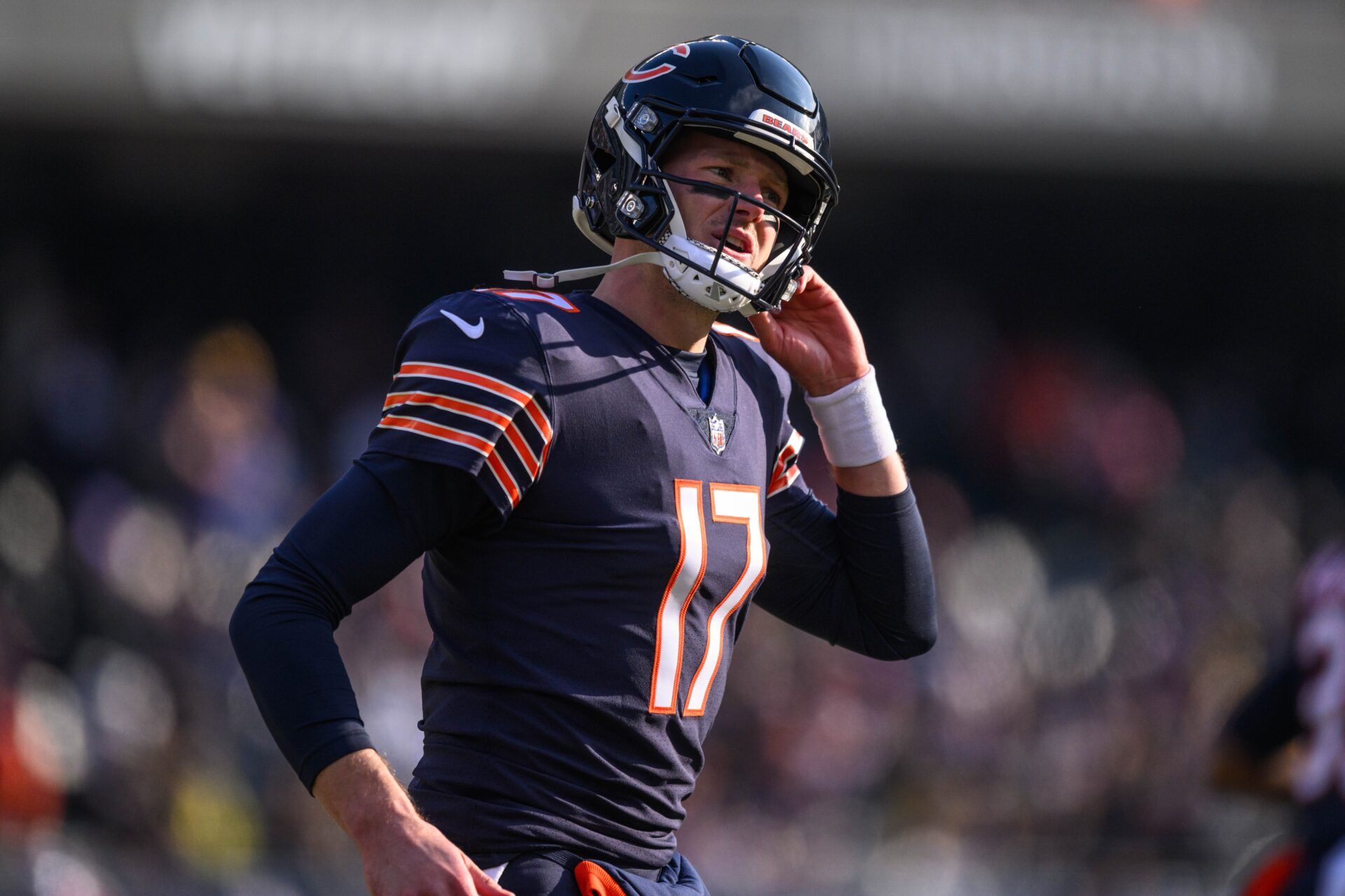 Tim Boyle (17) runs off the field during the second quarter against the Minnesota Vikings at Soldier Field.