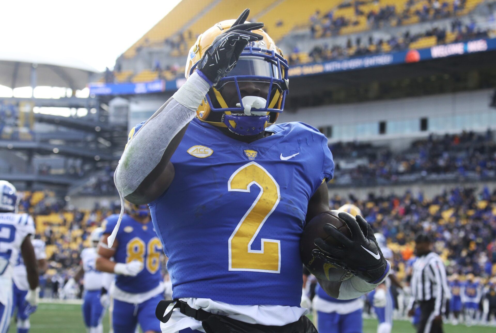 Pittsburgh Panthers running back Israel Abanikanda (2) celebrates his touchdown against the Duke Blue Devils during the first quarter at Acrisure Stadium.