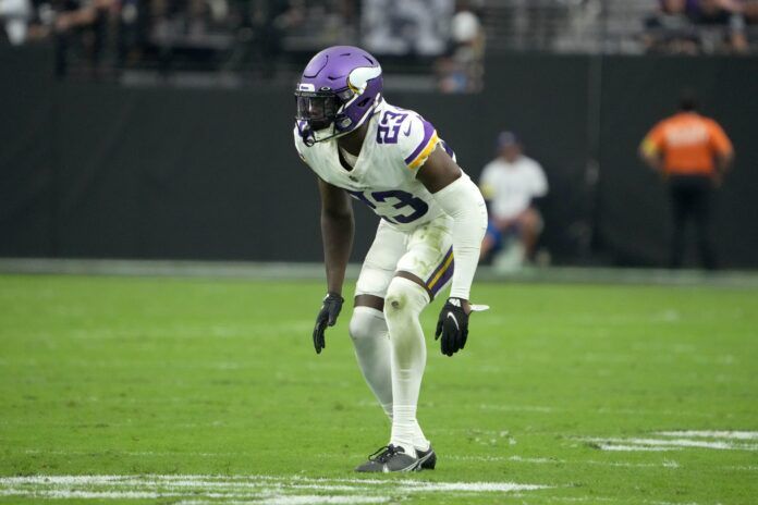 Andrew Booth Jr. (23) in the first half against the Las Vegas Raiders at Allegiant Stadium.