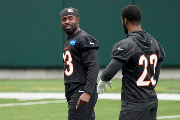 Nick Scott (33) talks with safety Dax Hill (23) during an off-season workout inside Paycor Stadium.