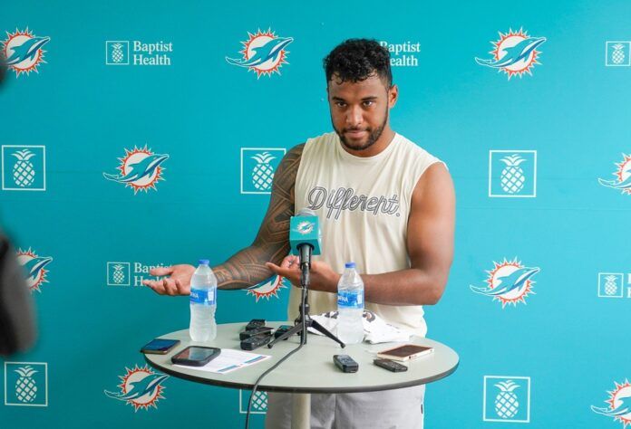 Tua Tagovailoa speaks to the media after training camp at Baptist Health Training Complex.