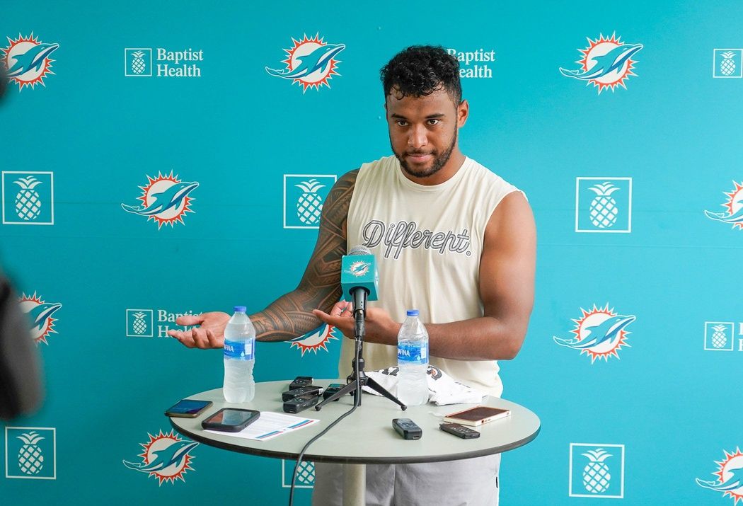 Tua Tagovailoa speaks to the media after training camp at Baptist Health Training Complex.