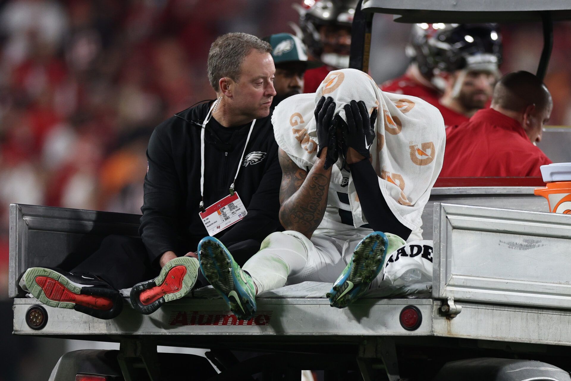 Jan 15, 2024; Tampa, Florida, USA; Philadelphia Eagles cornerback Darius Slay (2) is carted off the field after an injury against the Tampa Bay Buccaneers during the second half of a 2024 NFC wild card game at Raymond James Stadium. Mandatory Credit: Nathan Ray Seebeck-USA TODAY Sports