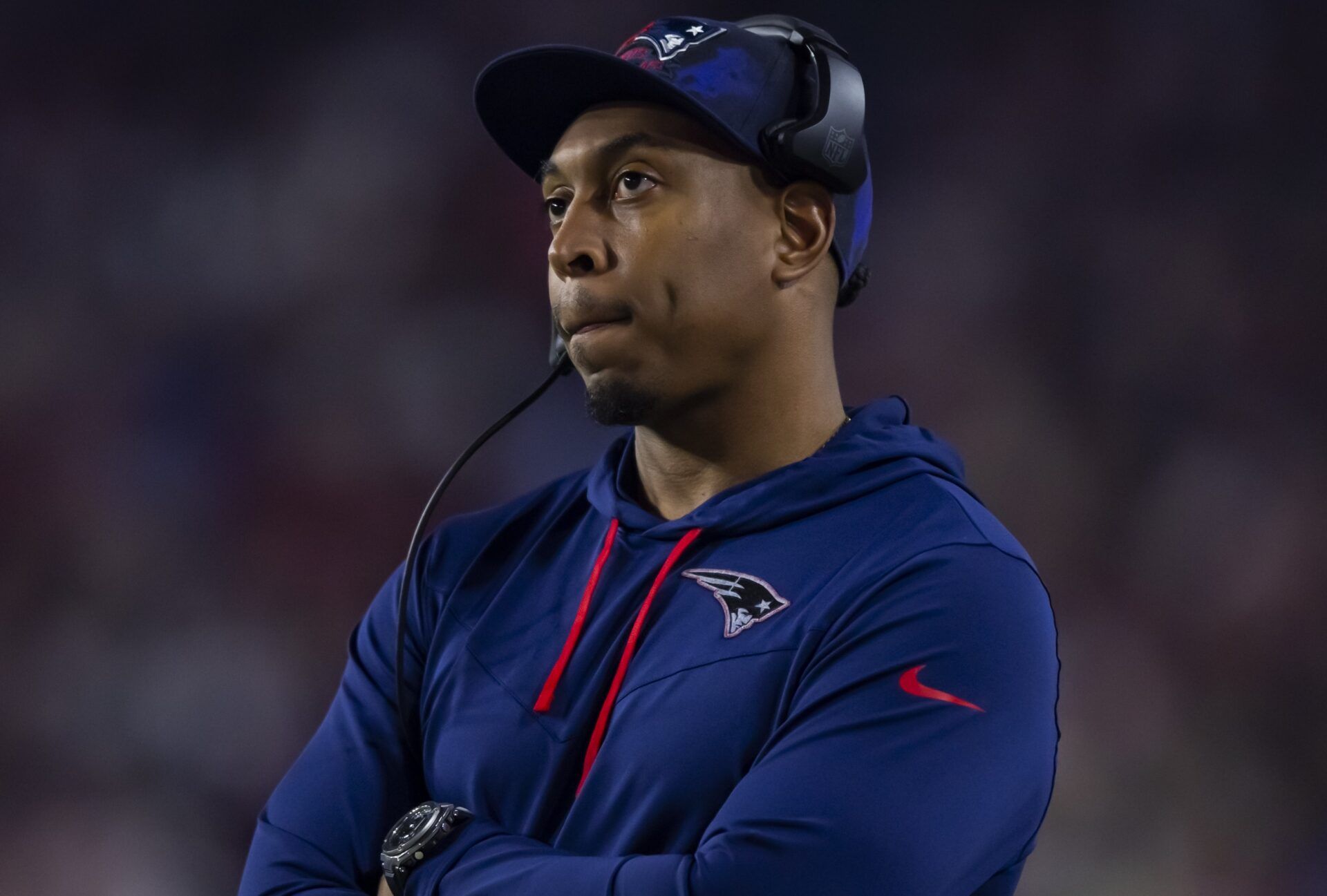 Jul 24, 2024; Foxborough, MA, USA; New England Patriots offensive coordinator Alex Van Pelt walks to the practice fields during training camp at Gillette Stadium. Mandatory Credit: Eric Canha-USA TODAY Sports