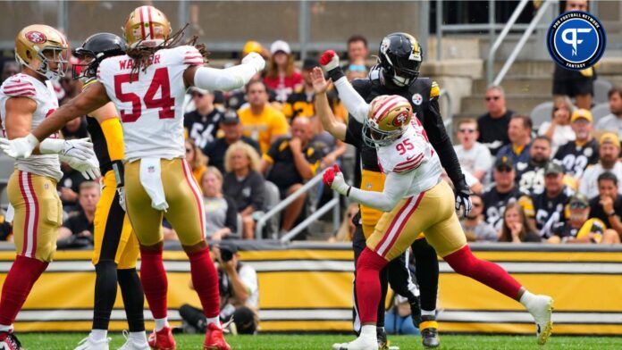 San Francisco 49ers defensive end Drake Jackson (95) reacts to getting a sack against Pittsburgh Steelers quarterback Kenny Pickett (8) during the first half at Acrisure Stadium.