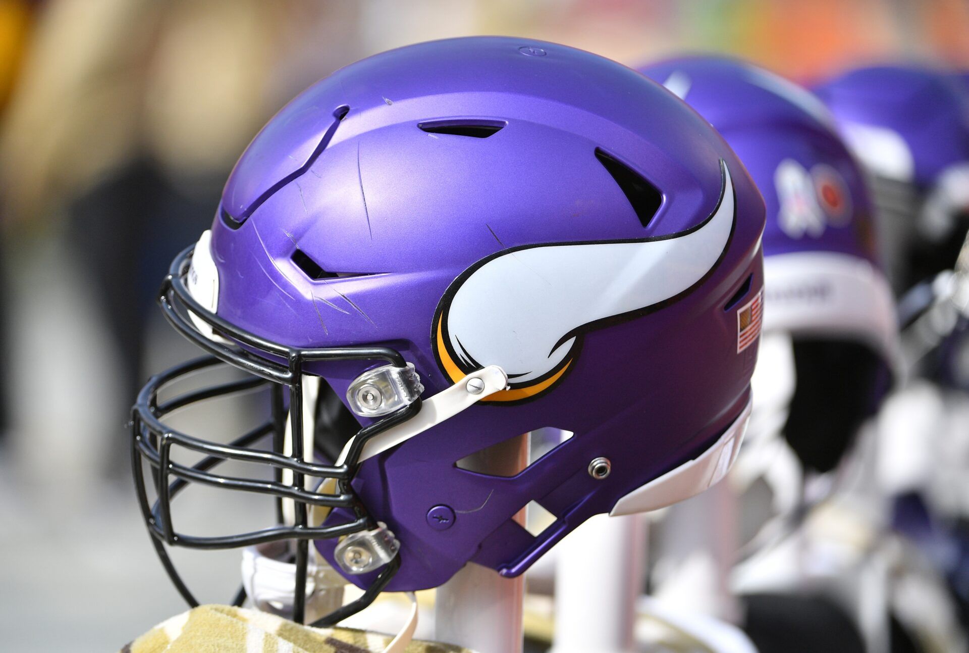 A general view of a Minnesota Vikings helmet during the game against the Kansas City Chiefs at Arrowhead Stadium.