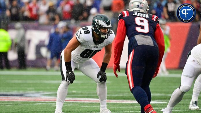 Philadelphia Eagles tight end Dallas Goedert (88) waits on the snap during the first half New England Patriots at Gillette Stadium.