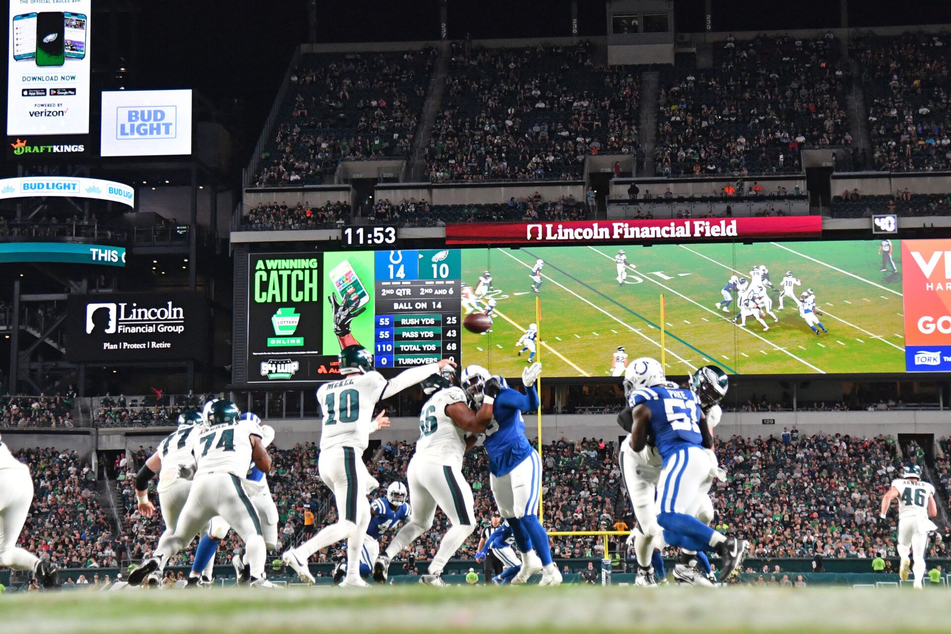 Philadelphia, Pennsylvania, USA; Philadelphia Eagles quarterback Tanner McKee (10) throws a pass against the Indianapolis Colts at Lincoln Financial Field.