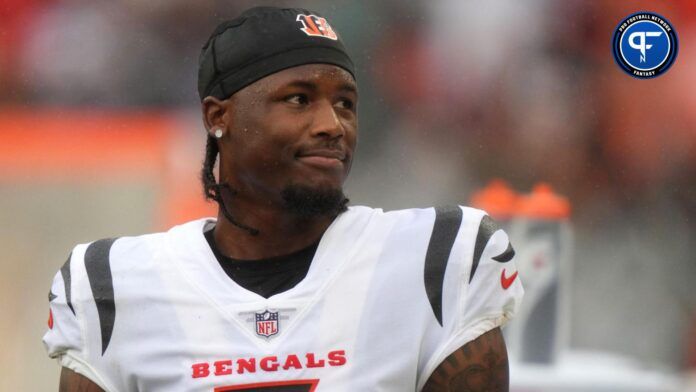 Cincinnati Bengals wide receiver Tee Higgins (5) looks towards Cleveland Browns fans in the closing moments of the fourth quarter of an NFL football game between the Cincinnati Bengals and Cleveland Browns, Sunday, Sept. 10, 2023, at Cleveland Browns Stadium in Cleveland.