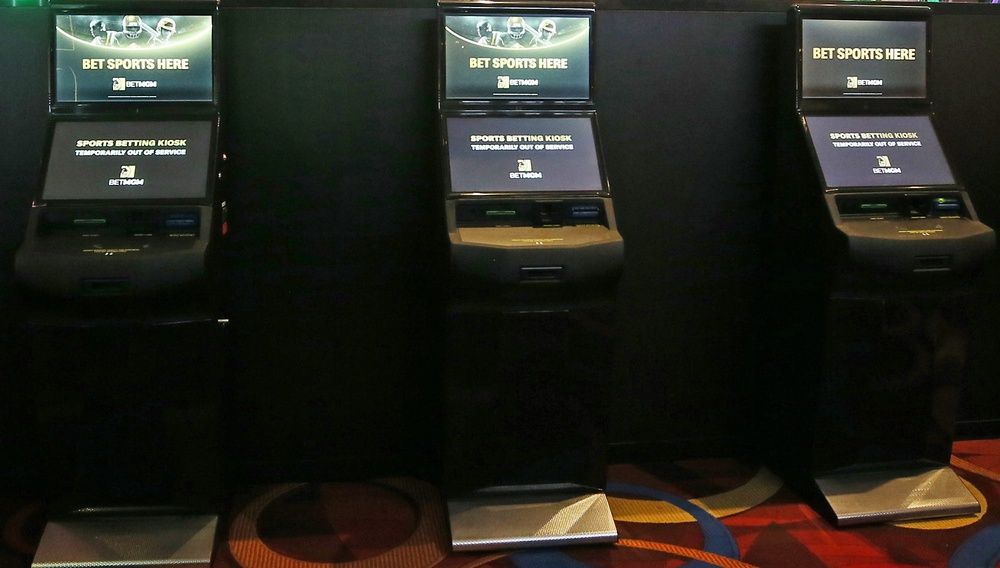 Sports betting kiosk stand at the ready at the new MGM Northfield Park Sportsbook area in Northfield.