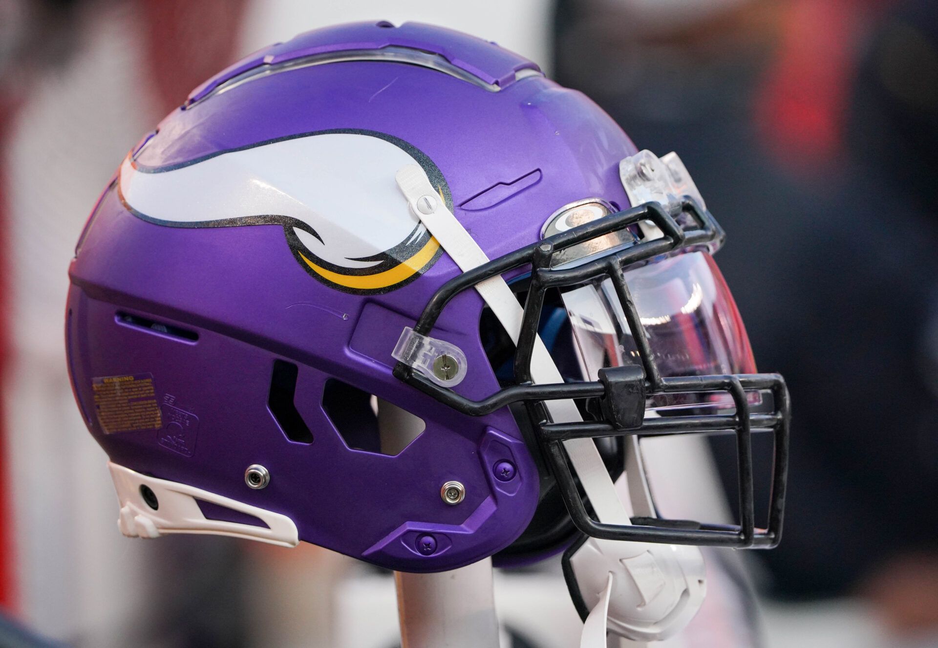 A general view of a Minnesota Vikings helmet before the game against the Kansas City Chiefs at GEHA Field at Arrowhead Stadium.