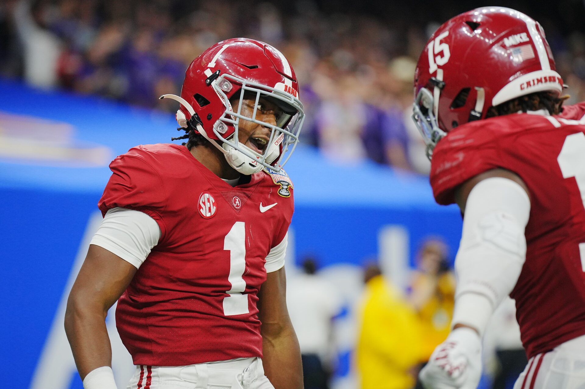 Dec 31, 2022; New Orleans, LA, USA; Alabama Crimson Tide defensive back Kool-Aid McKinstry (1) reacts after a defensive play against the Kansas State Wildcats during the second half in the 2022 Sugar Bowl at Caesars Superdome.