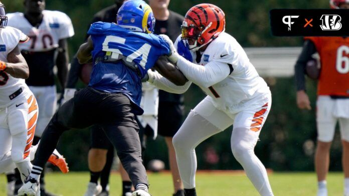 Cincinnati Bengals offensive tackle La'el Collins (71) blocks Los Angeles Rams linebacker Leonard Floyd (54)during a joint practice.