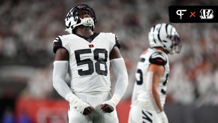 Joseph Ossai (58) reacts as the Miami Dolphins called a timeout due to crowd noise in the first quarter at Paycor Stadium in Cincinnati.