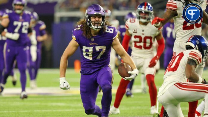 T.J. Hockenson (87) reacts after a play against the New York Giants during the second quarter of a wild card game at U.S. Bank Stadium.