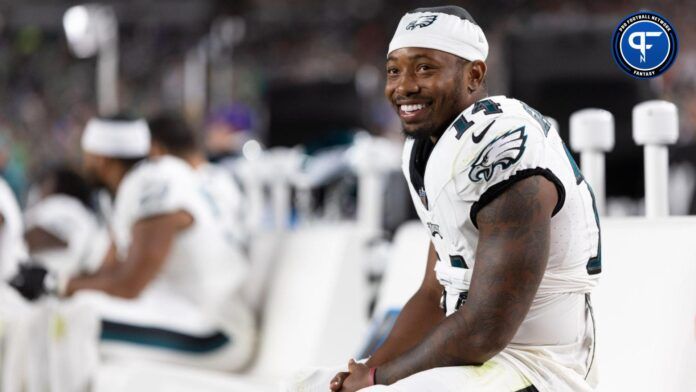 Eagles RB Kenneth Gainwell takes a break during game vs. Browns.