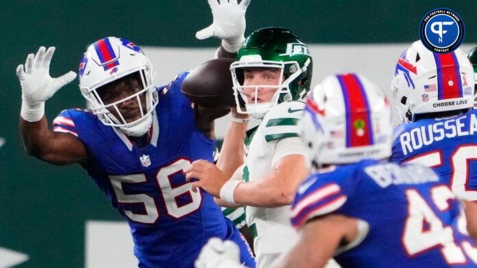 New York Jets quarterback Zach Wilson (2) throws under pressure during the second half against the Buffalo Bills at MetLife Stadium.