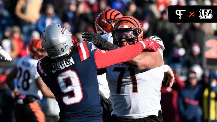 Cincinnati Bengals offensive tackle La'el Collins (71) blocks New England Patriots linebacker Matthew Judon (9) during the first half at Gillette Stadium.