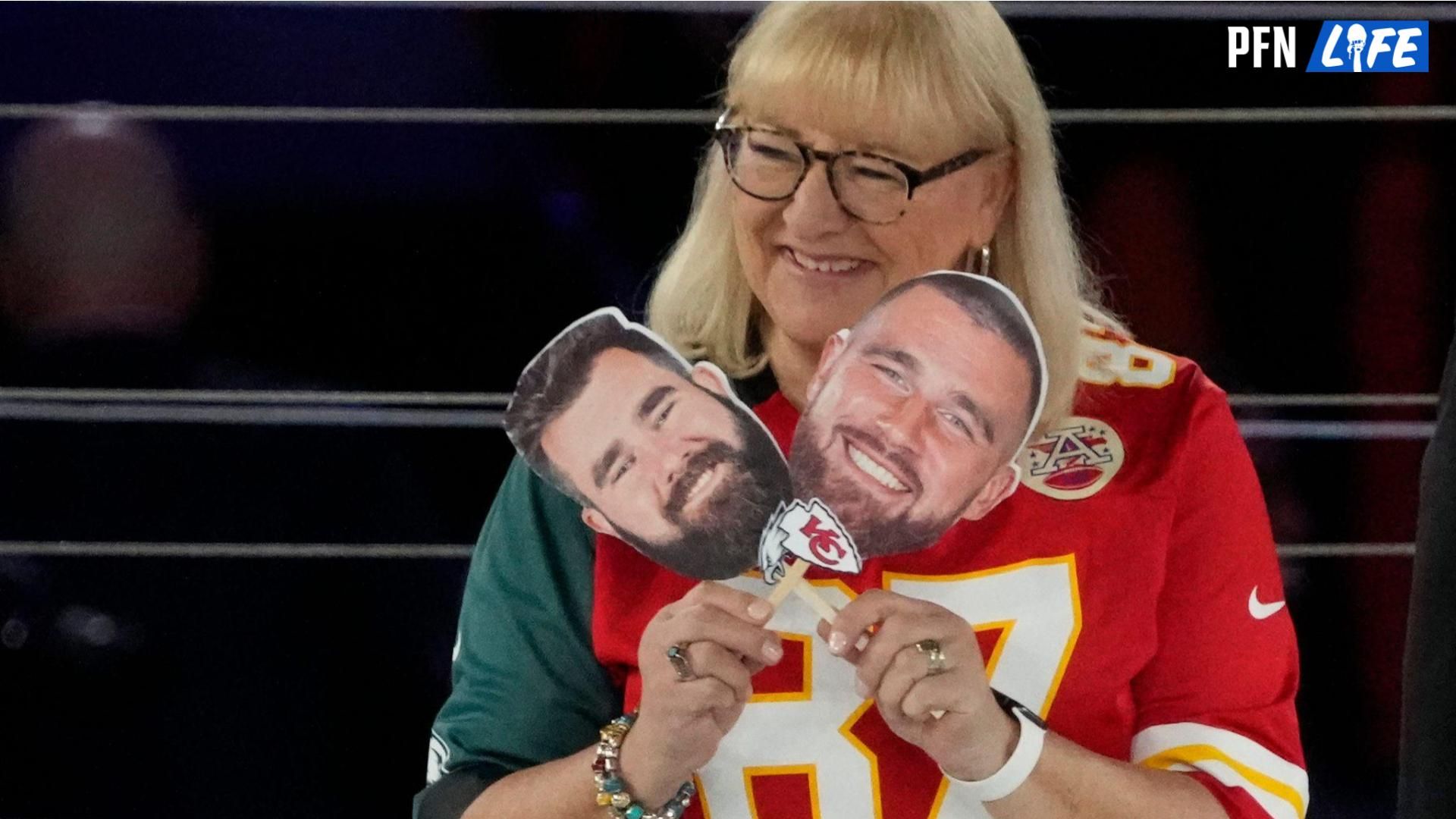 Donna Kelce answers questions about her sons Philadelphia Eagles center Jason Kelce (62), left, and Kansas City Chiefs tight end Travis Kelce (87) at the Footprint Center in downtown Phoenix during Super Bowl Opening Night on Feb. 6, 2023.